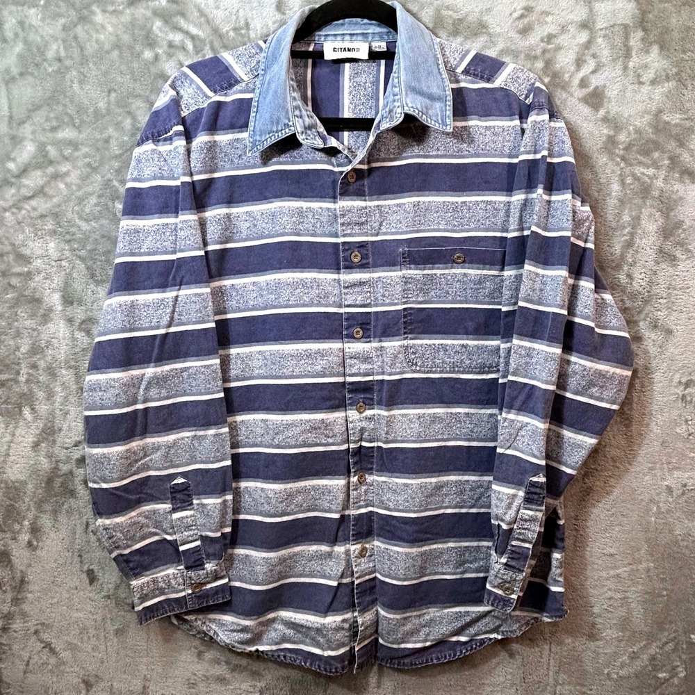 Gitano Mens Blue Striped Long Sleeve Button Down Shirt Denim Collar Vintage M